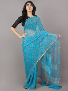 Sky Blue Ivory Hand Block Printed Chiffon Saree - S031701692