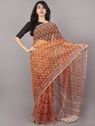 Rust Pink Ivory Hand Block Printed Chiffon Saree - S031701696