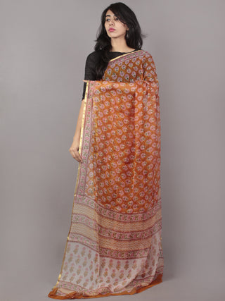 Rust Pink Ivory Hand Block Printed Chiffon Saree - S031701696