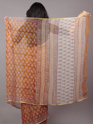 Rust Pink Ivory Hand Block Printed Chiffon Saree - S031701696