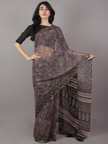 Ivory Blue Maroon Hand Block Printed Chiffon Saree - S031701697