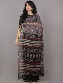 Ivory Blue Maroon Hand Block Printed Chiffon Saree - S031701697