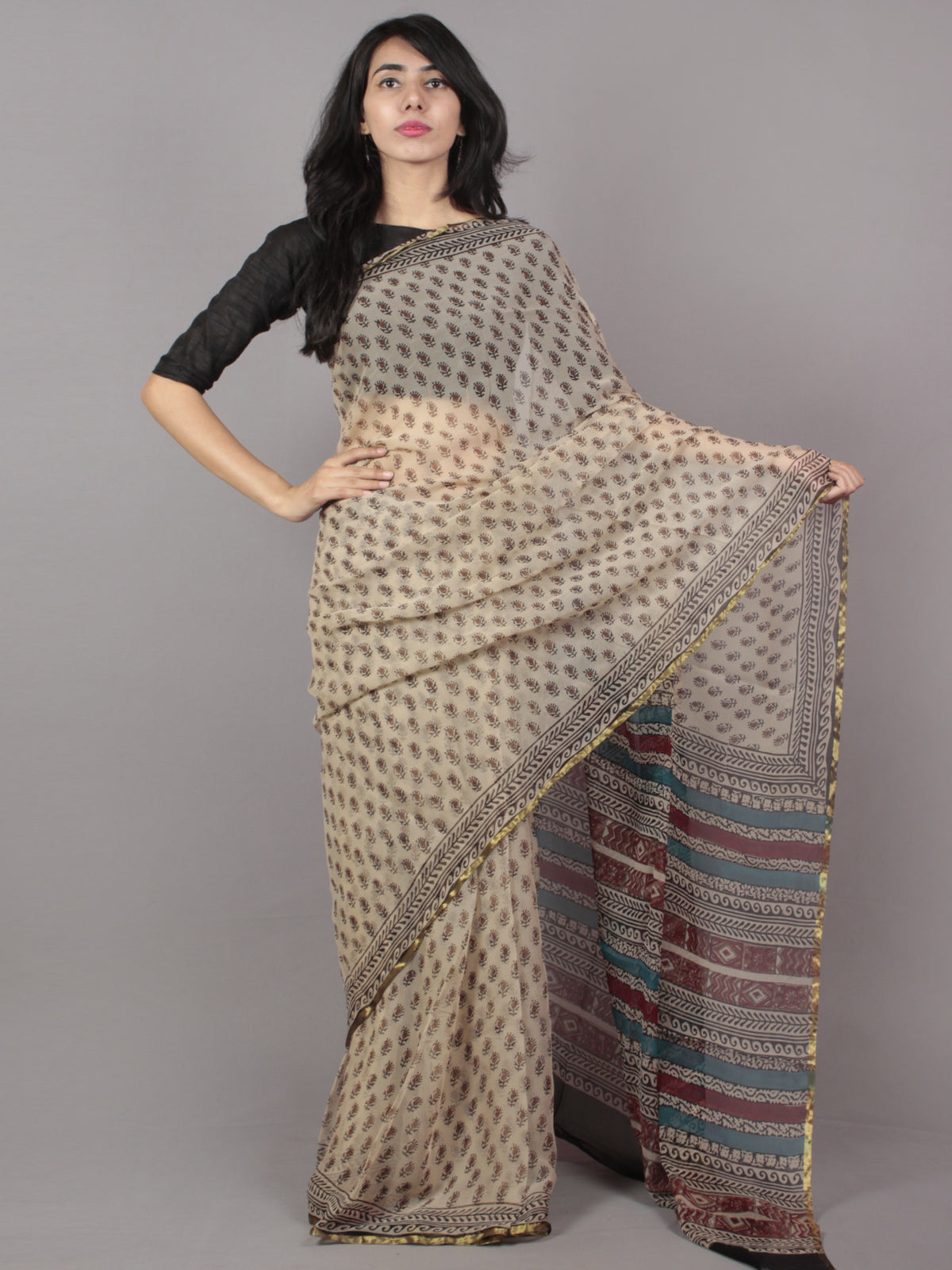 Ivory Black Light Red Hand Block Printed Chiffon Saree - S031701699
