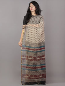 Ivory Black Light Red Hand Block Printed Chiffon Saree - S031701699