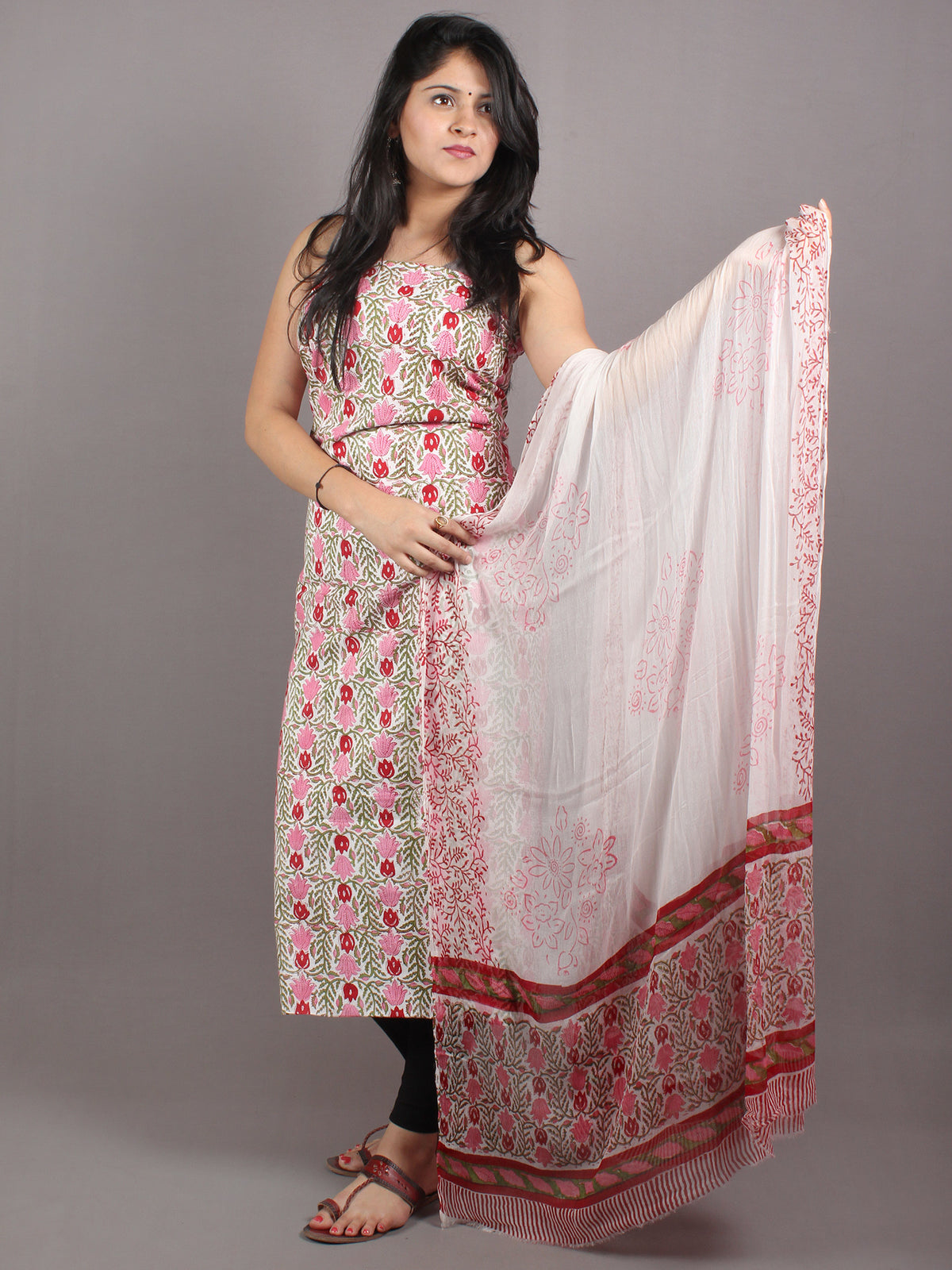 White Green Red Pink Hand Block Printed Cotton Suit-Salwar Fabric With Chiffon Dupatta - S1628057