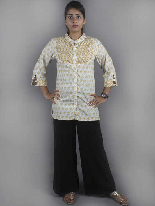 White Yellow Hand Block Printed Shirt- S3517017