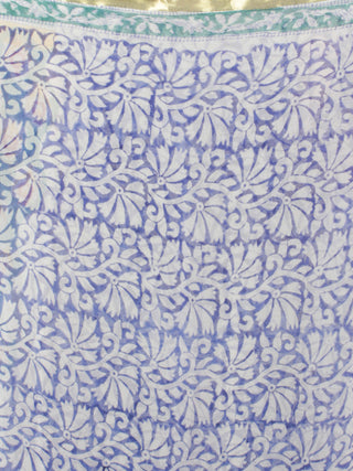 Aqua Blue Red Yellow Hand Block Printed Chiffon Saree - S031701706