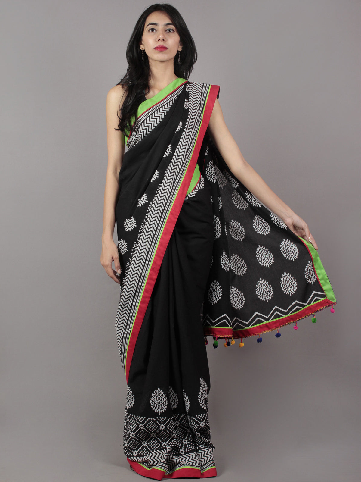 Black White Hand Block Printed Cotton Saree With Red Green Border & Tassels - S031701712
