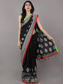 Black White Hand Block Printed Cotton Saree With Red Green Border & Tassels - S031701712