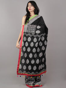 Black White Hand Block Printed Cotton Saree With Red Green Border & Tassels - S031701712