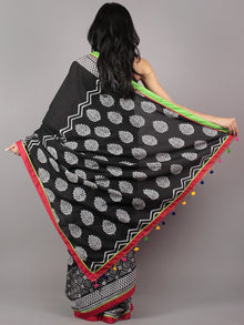 Black White Hand Block Printed Cotton Saree With Red Green Border & Tassels - S031701712