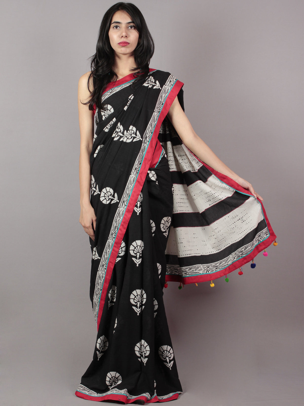 Black White Red Hand Block Printed & Thread Embroidered Cotton Saree With Tassels - S031701714
