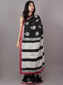 Black White Red Hand Block Printed & Thread Embroidered Cotton Saree With Tassels - S031701714