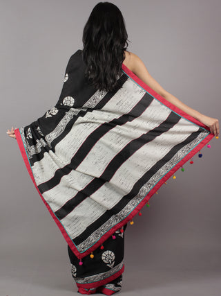 Black White Red Hand Block Printed & Thread Embroidered Cotton Saree With Tassels - S031701714