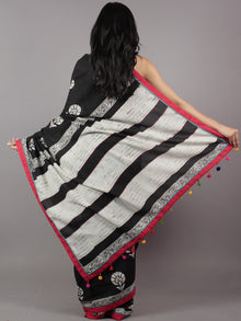 Black White Red Hand Block Printed & Thread Embroidered Cotton Saree With Tassels - S031701714
