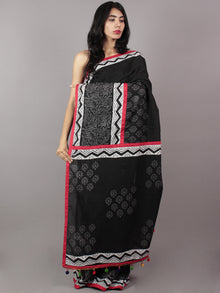 Black White Grey Red Hand Block Printed Cotton Saree With Tassels - S031701717