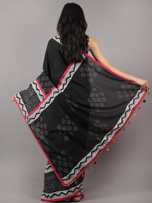 Black White Grey Red Hand Block Printed Cotton Saree With Tassels - S031701717