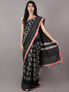 Black White Grey Peach Hand Block Printed & Thread Embroidered Cotton Saree With Tassels - S031701720