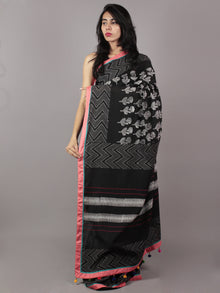 Black White Grey Peach Hand Block Printed & Thread Embroidered Cotton Saree With Tassels - S031701720