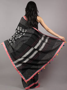 Black White Grey Peach Hand Block Printed & Thread Embroidered Cotton Saree With Tassels - S031701720