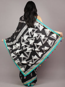 Black White Seagreen Yellow Hand Block Printed Cotton Saree With Tassels - S031701721