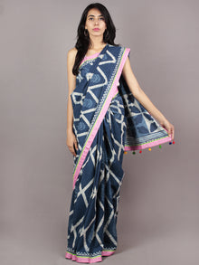 Indigo Ivory Pink Green Hand Block Printed Cotton Saree With Tassels - S031701724