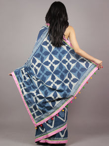 Indigo Ivory Pink Green Hand Block Printed Cotton Saree With Tassels - S031701724