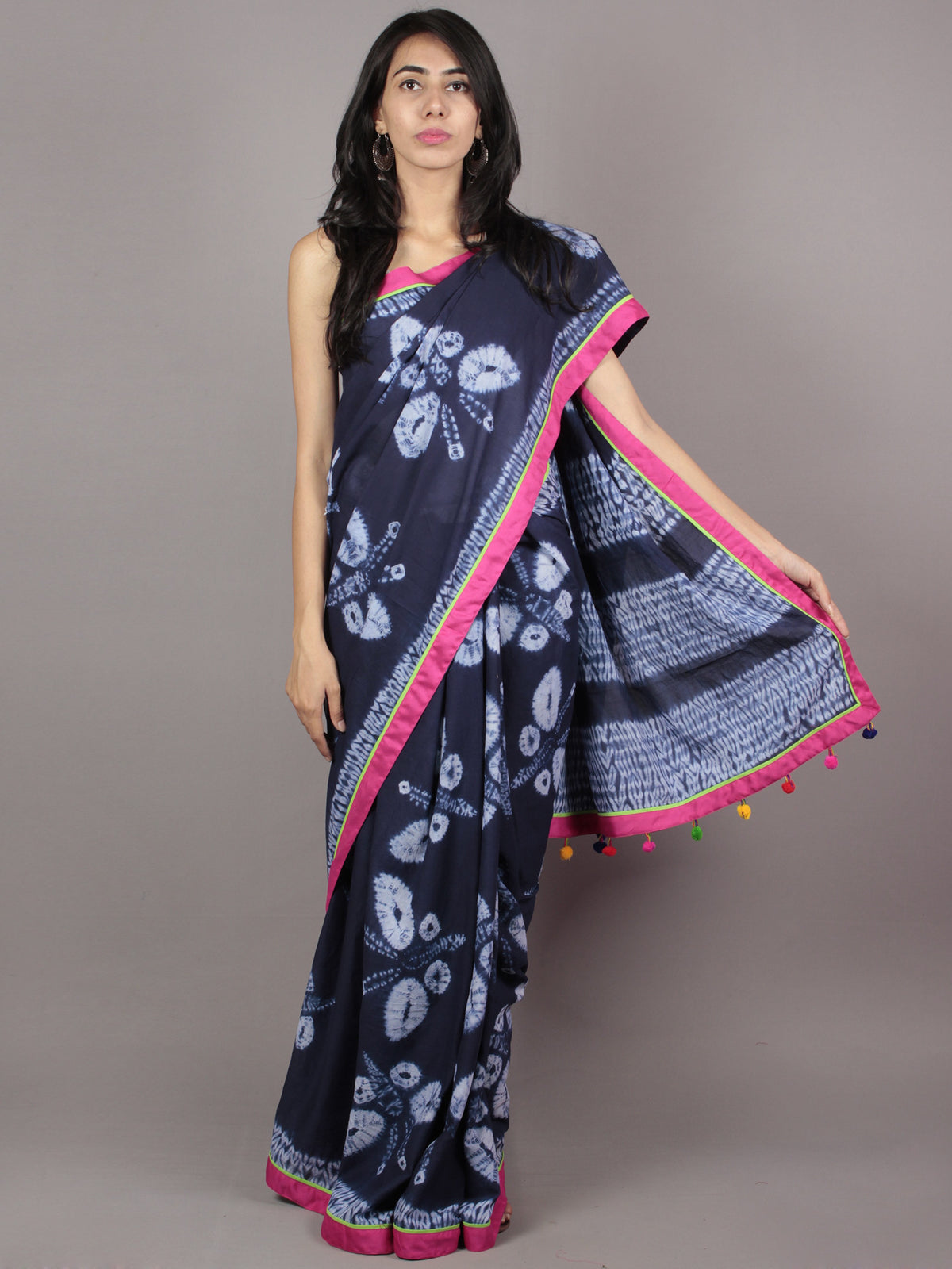 Dark Indigo Ivory Pink Green Hand Dyed Shibori  Cotton Saree With Tassels  - S031701725