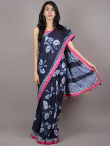 Dark Indigo Ivory Pink Green Hand Dyed Shibori  Cotton Saree With Tassels  - S031701725