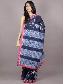 Dark Indigo Ivory Pink Green Hand Dyed Shibori  Cotton Saree With Tassels  - S031701725
