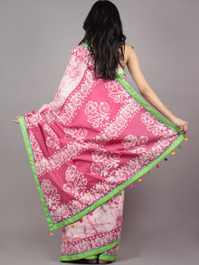 Pink Ivory Hand Batik & Block Printed Cotton Saree With Green Border & Tassels - S031701726