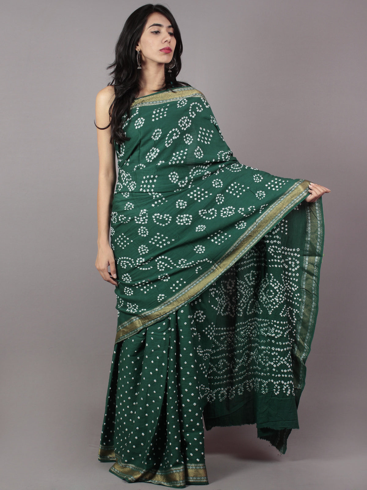 Hunter Green Ivory Hand Tie & Dye Bandhej Glace Cotton Saree With Resham Border - S031701729