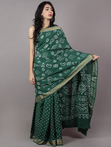 Hunter Green Ivory Hand Tie & Dye Bandhej Glace Cotton Saree With Resham Border - S031701729