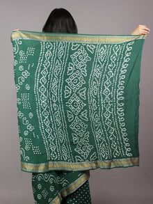 Hunter Green Ivory Hand Tie & Dye Bandhej Glace Cotton Saree With Resham Border - S031701729