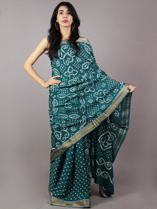 Dark Basil Green Ivory Hand Tie & Dye Bandhej Glace Cotton Saree With Resham Border - S031701731