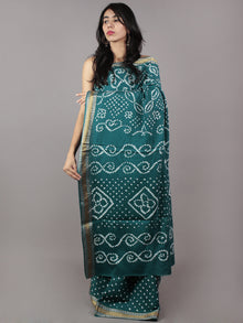 Dark Basil Green Ivory Hand Tie & Dye Bandhej Glace Cotton Saree With Resham Border - S031701731