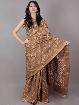 Peanut Brown Ivory Hand Tie & Dye Bandhej Glace Cotton Saree With Resham Border - S031701732