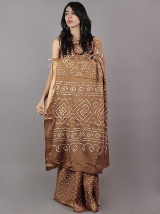 Peanut Brown Ivory Hand Tie & Dye Bandhej Glace Cotton Saree With Resham Border - S031701732