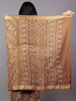 Peanut Brown Ivory Hand Tie & Dye Bandhej Glace Cotton Saree With Resham Border - S031701732