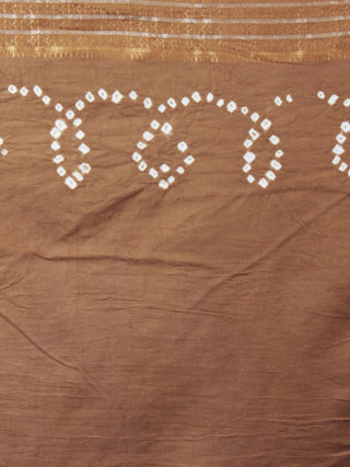 Peanut Brown Ivory Hand Tie & Dye Bandhej Glace Cotton Saree With Resham Border - S031701732