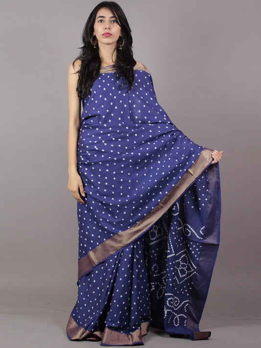 Blue Ivory Hand Tie & Dye Bandhej Glace Cotton Saree With Resham Border