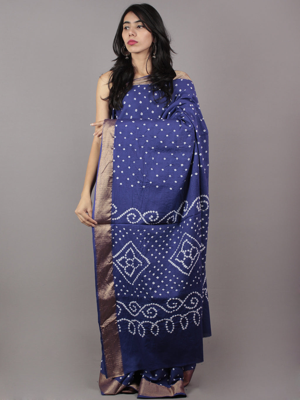 Blue Ivory Hand Tie & Dye Bandhej Glace Cotton Saree With Resham Border