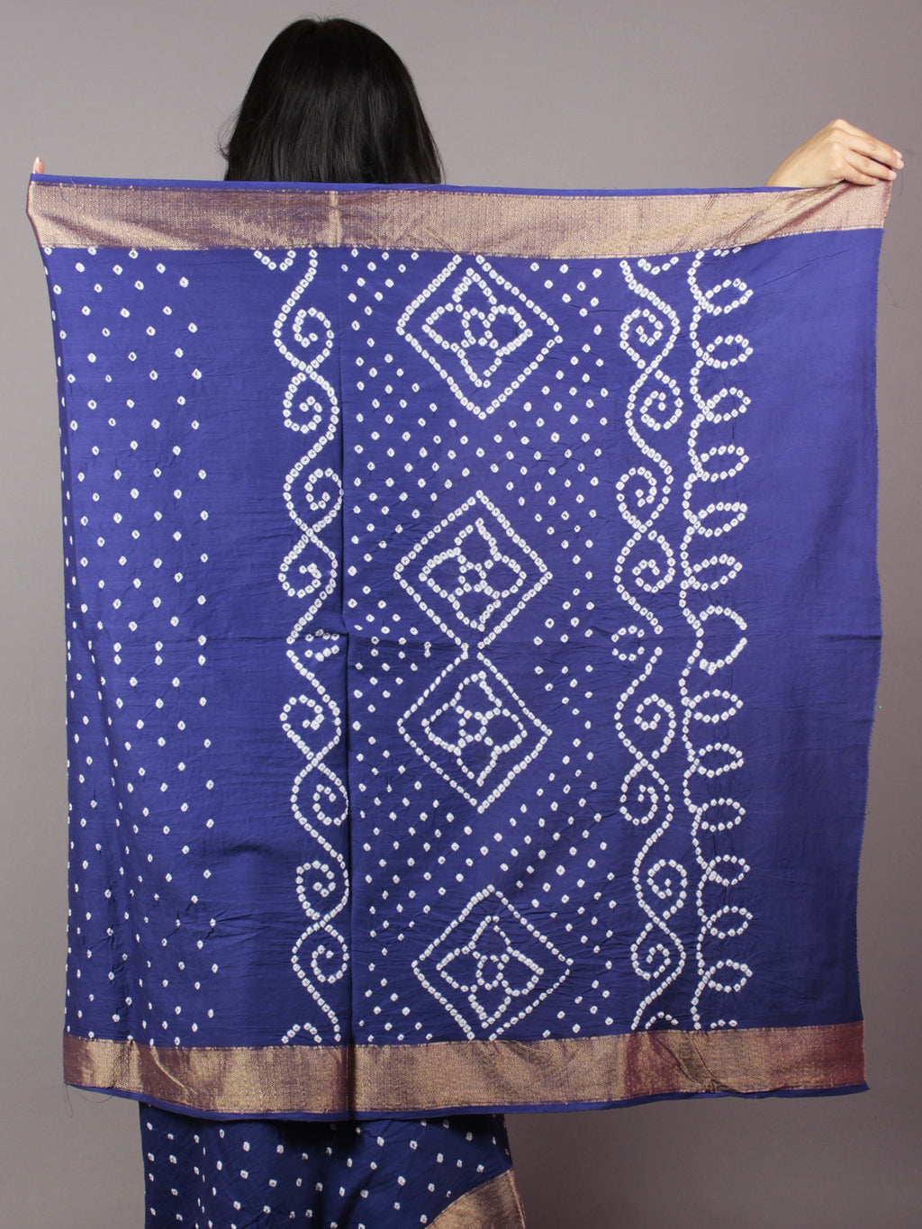 Blue Ivory Hand Tie & Dye Bandhej Glace Cotton Saree With Resham Border