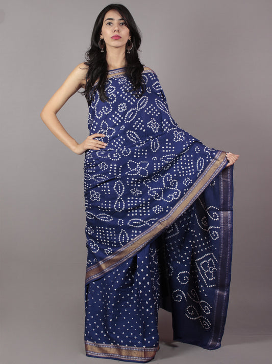 Admiral Blue Ivory Hand Tie & Dye Bandhej Glace Cotton Saree With Resham Border - S031701735