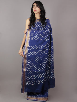 Admiral Blue Ivory Hand Tie & Dye Bandhej Glace Cotton Saree With Resham Border - S031701735