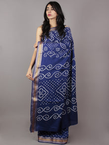 Admiral Blue Ivory Hand Tie & Dye Bandhej Glace Cotton Saree With Resham Border - S031701735