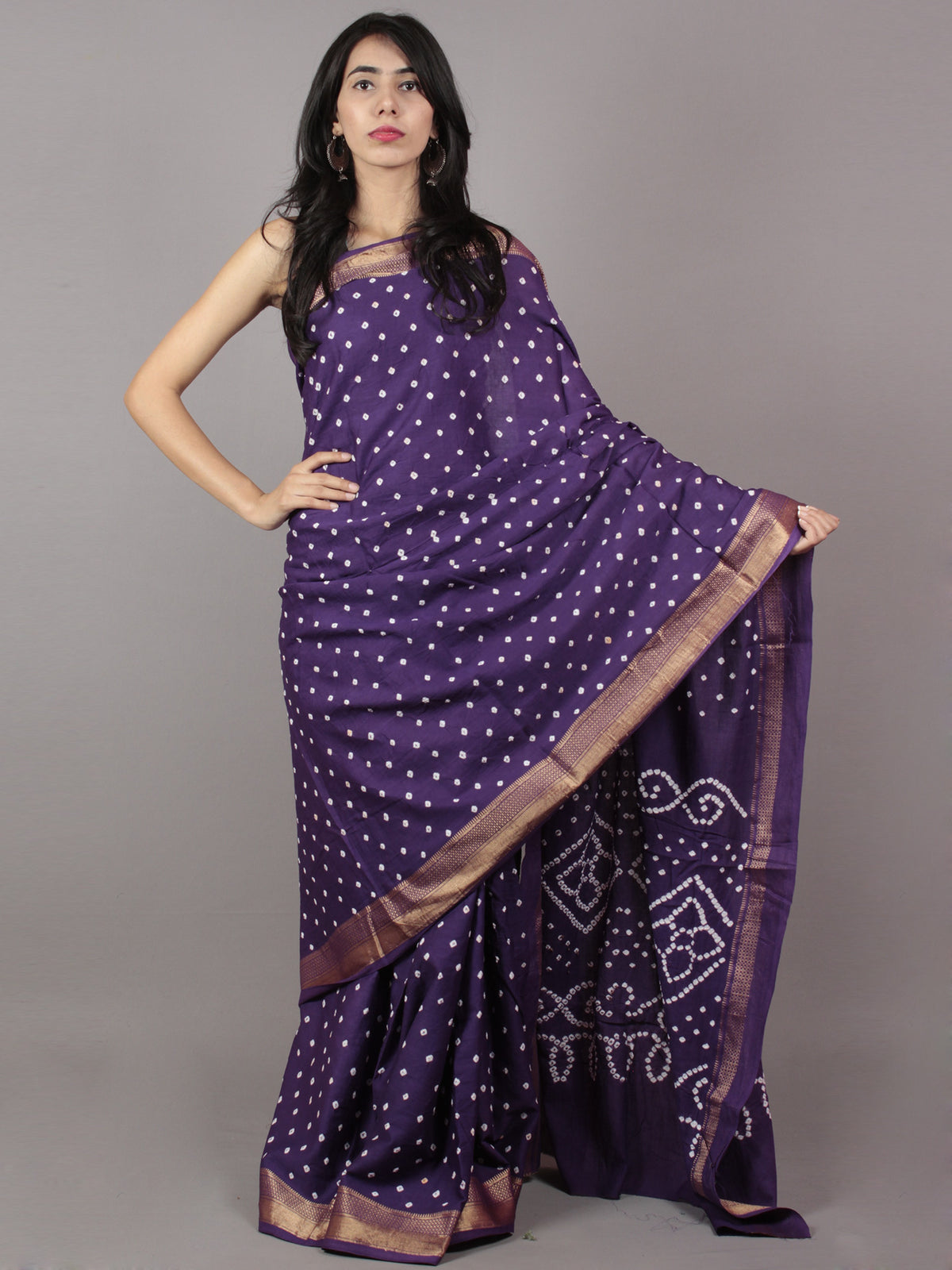 Purple Ivory Hand Tie & Dye Bandhej Glace Cotton Saree With Resham Border - S031701736