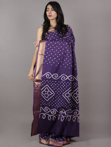 Purple Ivory Hand Tie & Dye Bandhej Glace Cotton Saree With Resham Border - S031701736