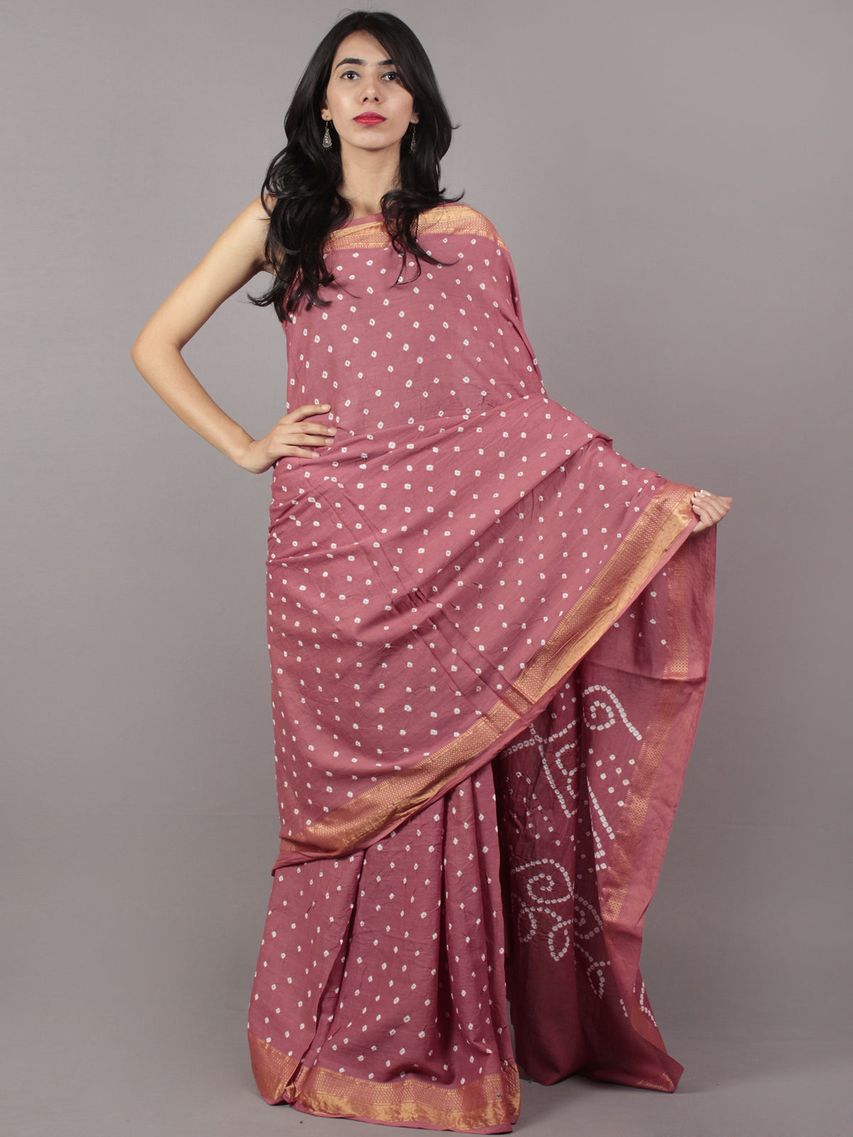 Onion Pink Ivory Hand Tie & Dye Bandhej Glace Cotton Saree With Resham Border - S031701738