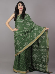 Pine Green Ivory Hand Tie & Dye Bandhej Glace Cotton Saree With Resham Border - S031701740